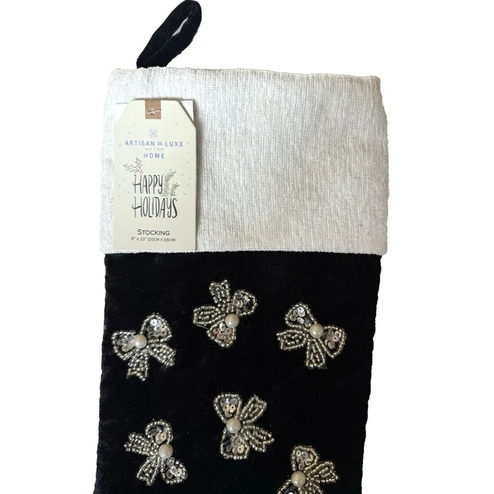Artisan de Luxe Christmas Stocking Black Velvet Bow Pearls Beads Sequins 22